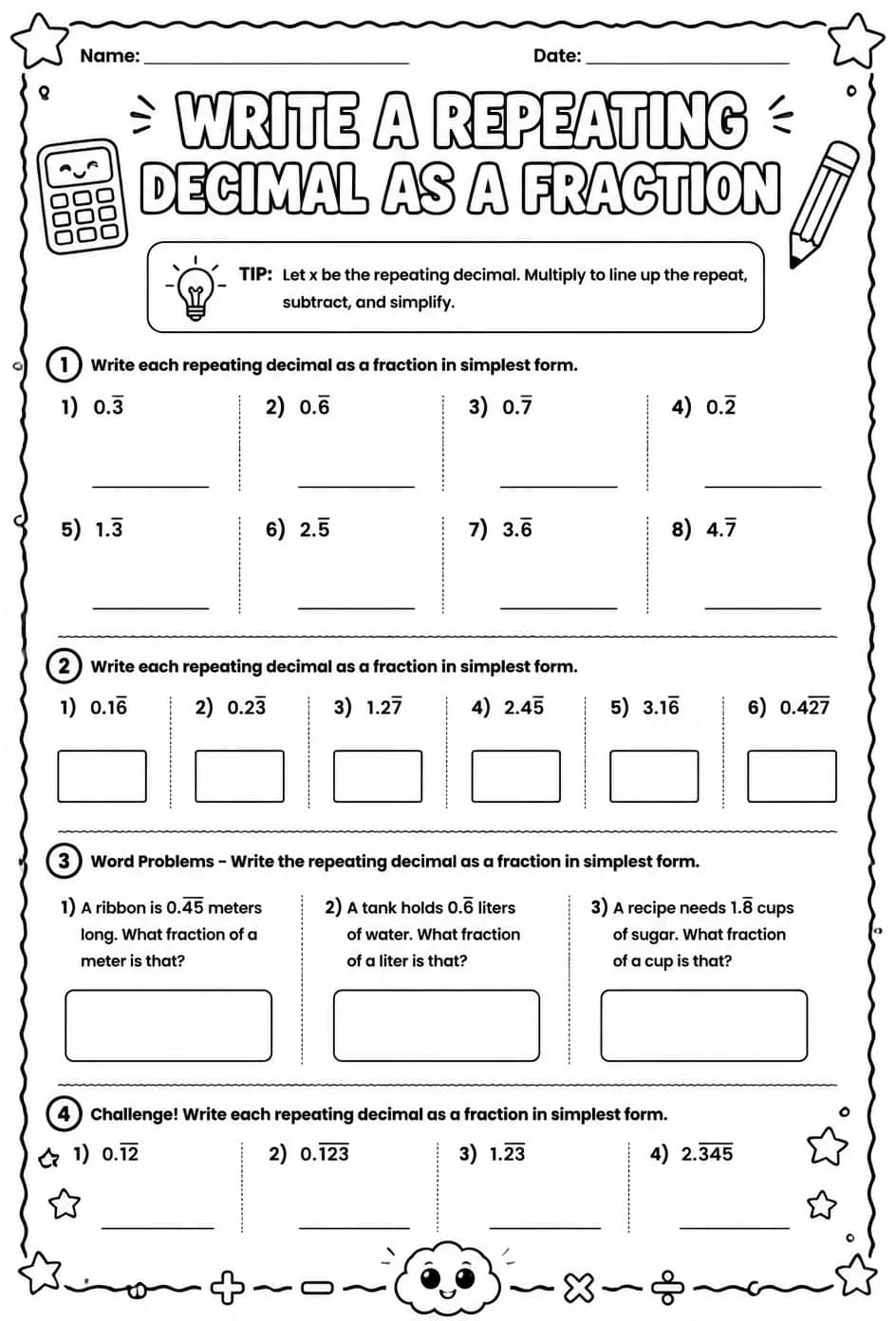 Write a repeating decimal as a fraction — free printable Precalculus math worksheet