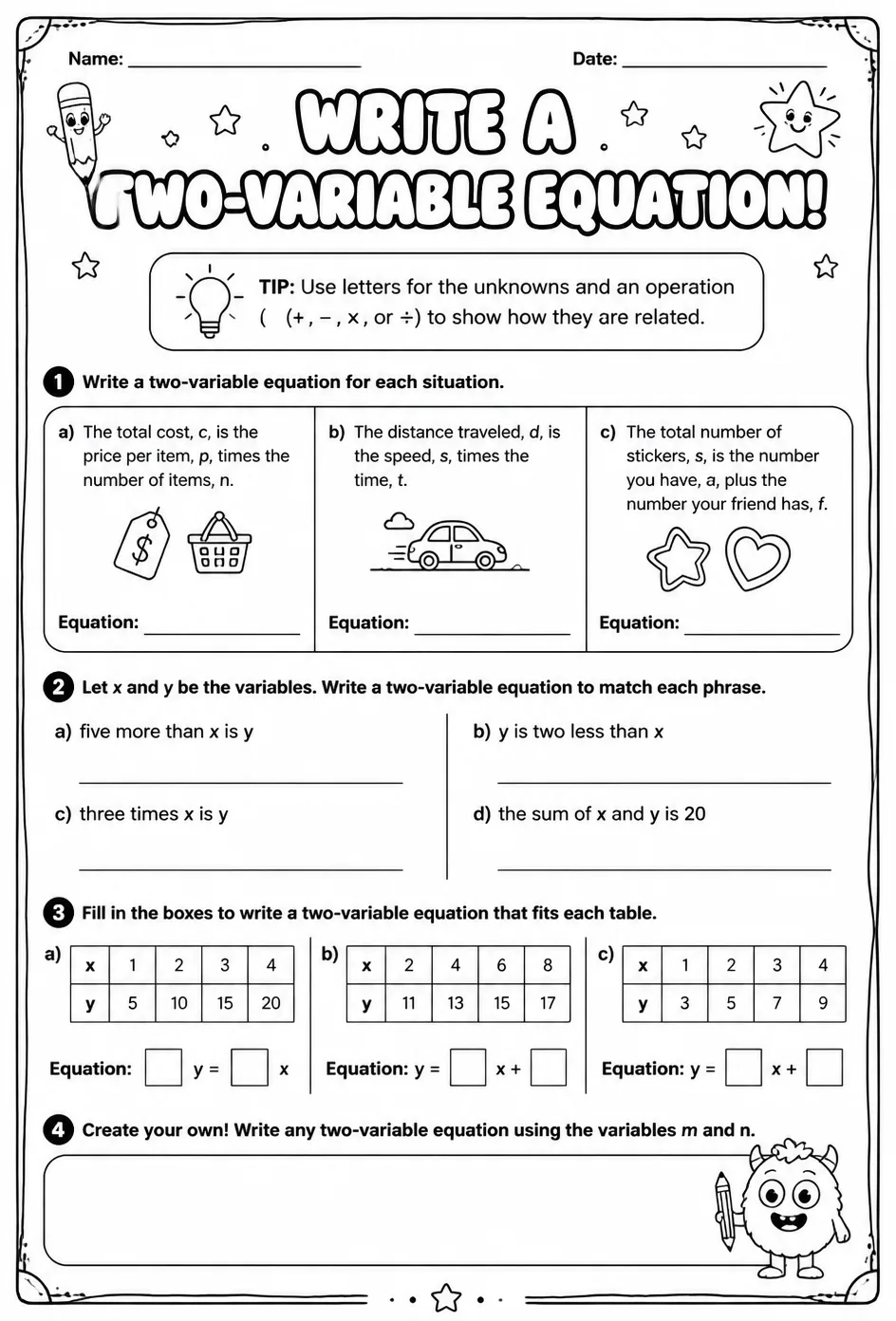 Write a two-variable equation — free printable Grade 5 math worksheet