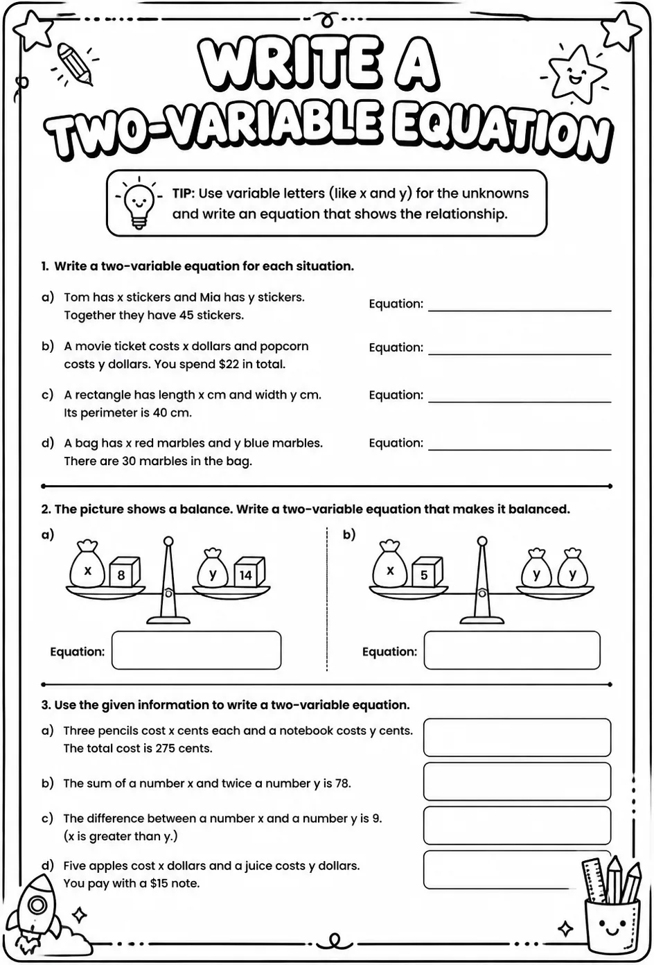 Write a two-variable equation — free printable Grade 6 math worksheet