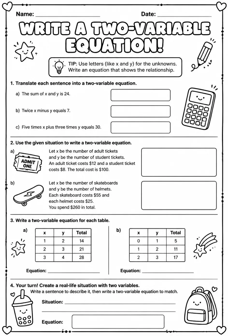 Write a two-variable equation — free printable Grade 7 math worksheet