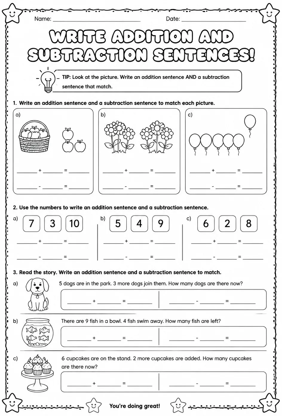 Write addition and subtraction sentences — free printable Grade 2 math worksheet