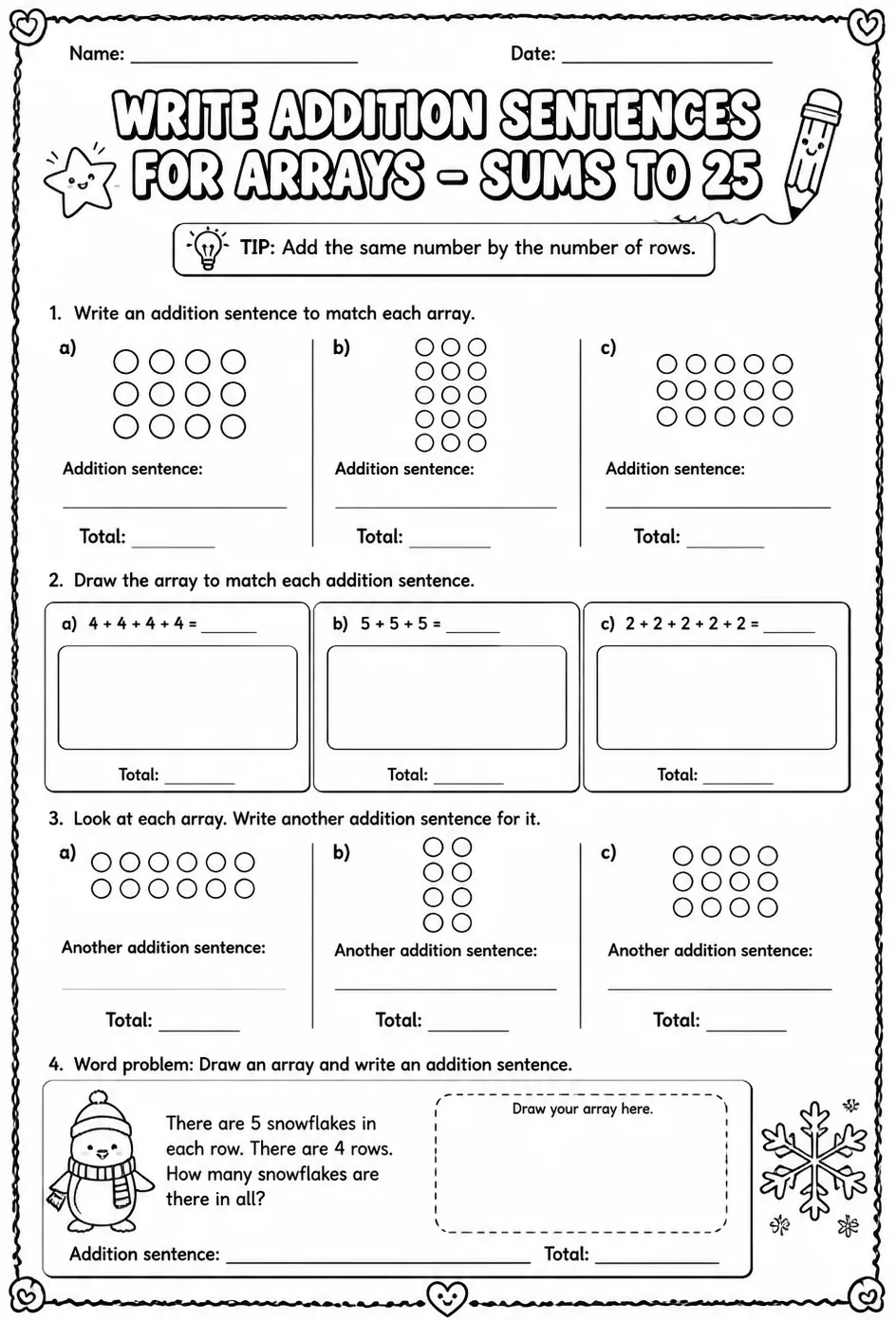 Write addition sentences for arrays - sums to 25 — free printable Grade 2 math worksheet