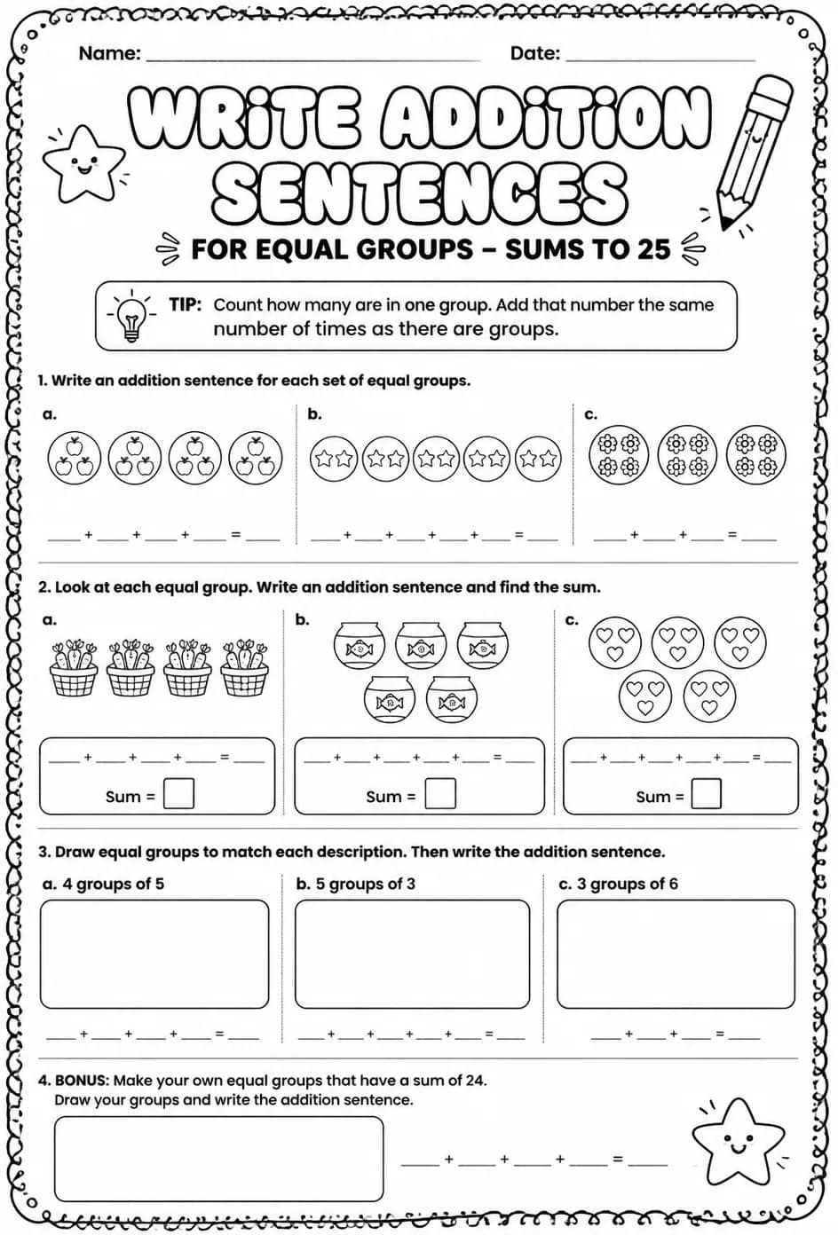 Write addition sentences for equal groups - sums to 25 — free printable Grade 2 math worksheet