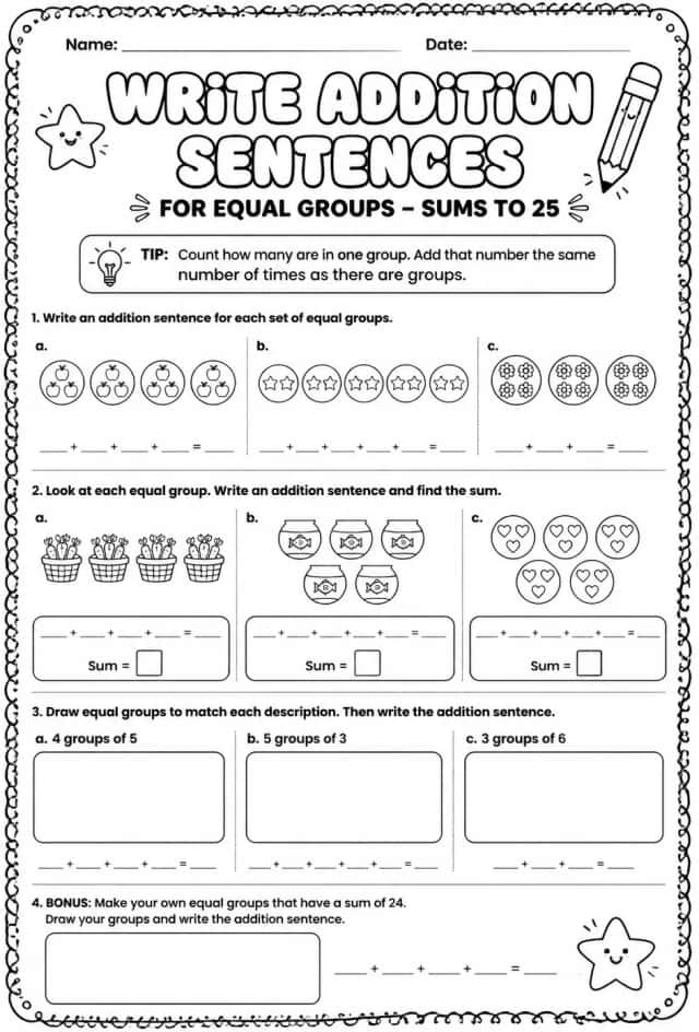 Write addition sentences for equal groups - sums to 25