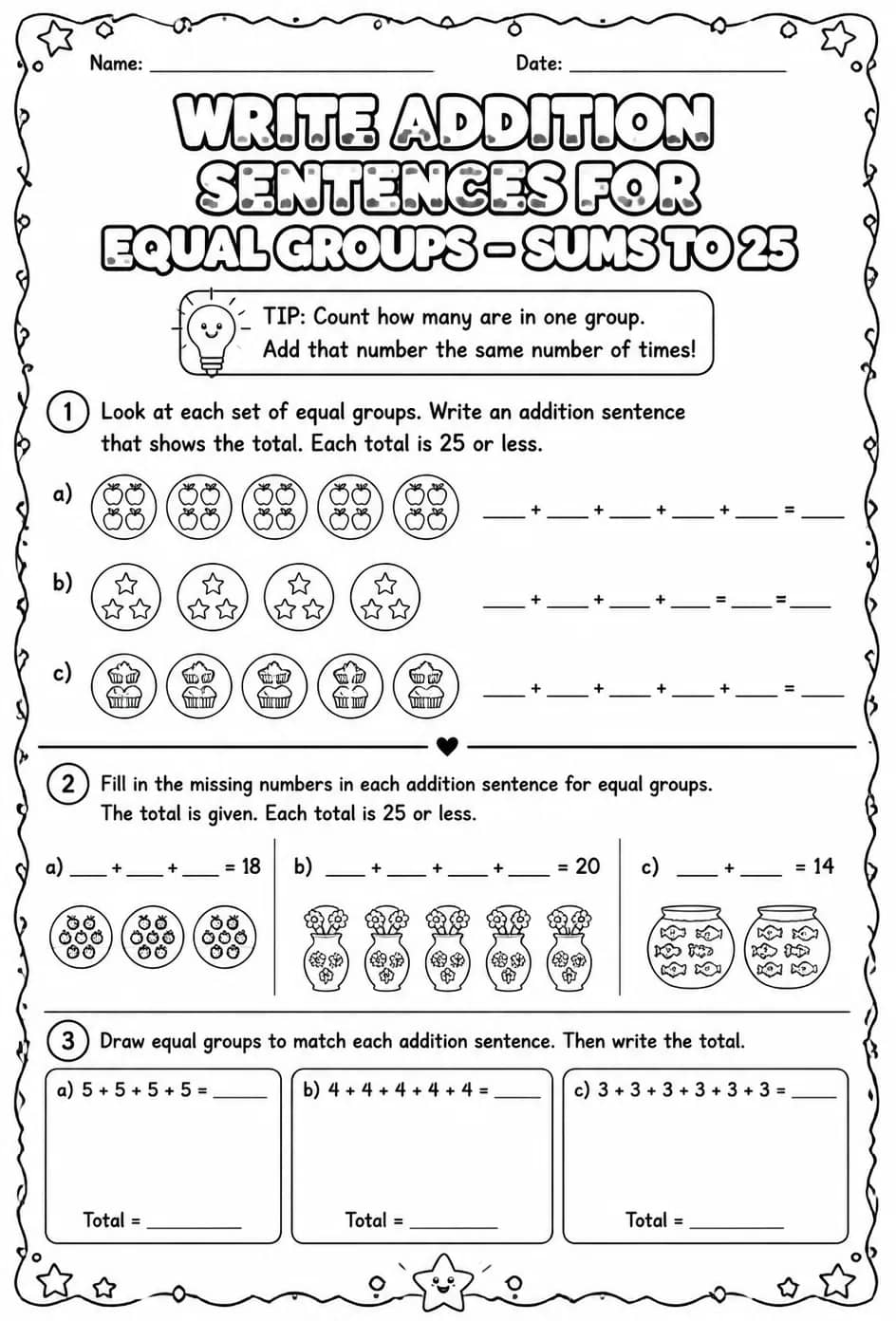 Write addition sentences for equal groups - sums to 25 — free printable Grade 3 math worksheet