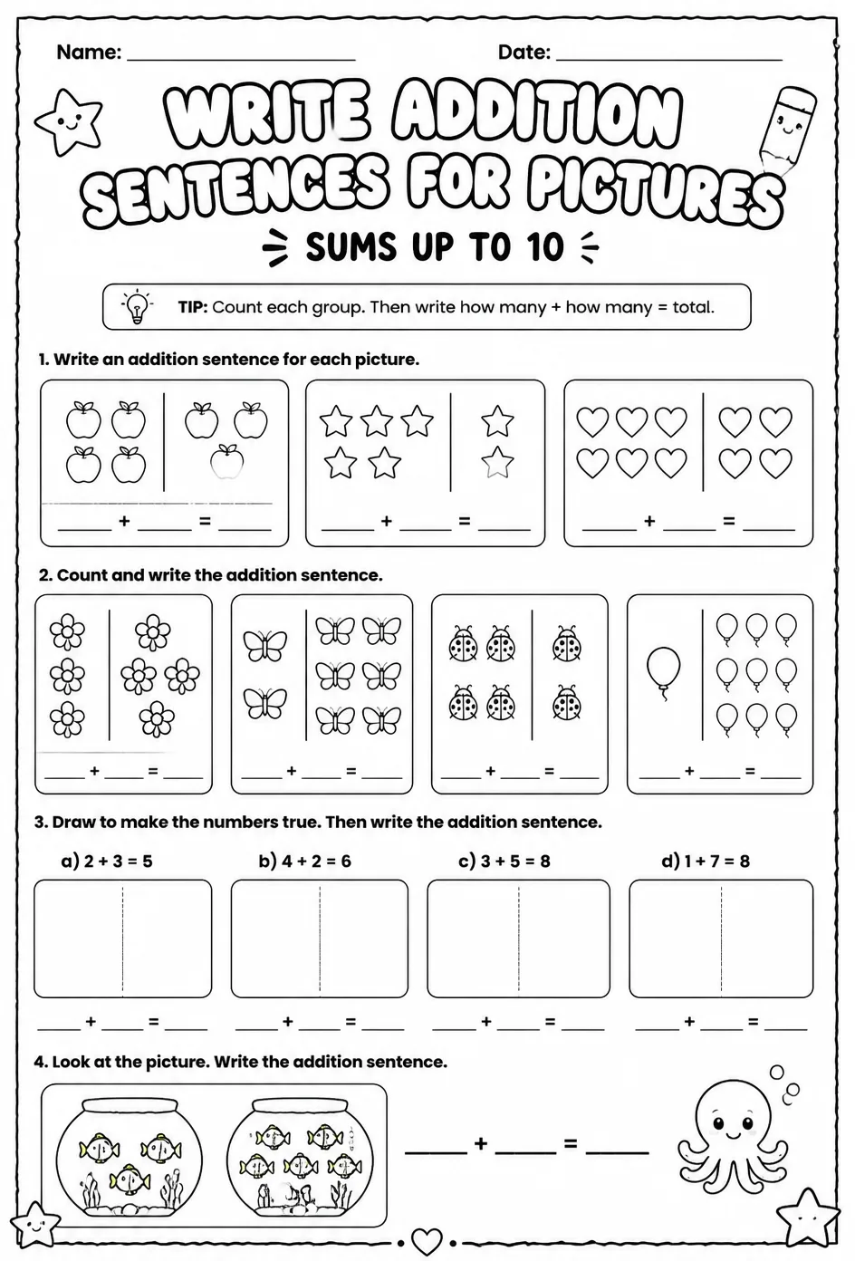 Write addition sentences for pictures - sums up to 10 — free printable Grade 1 math worksheet