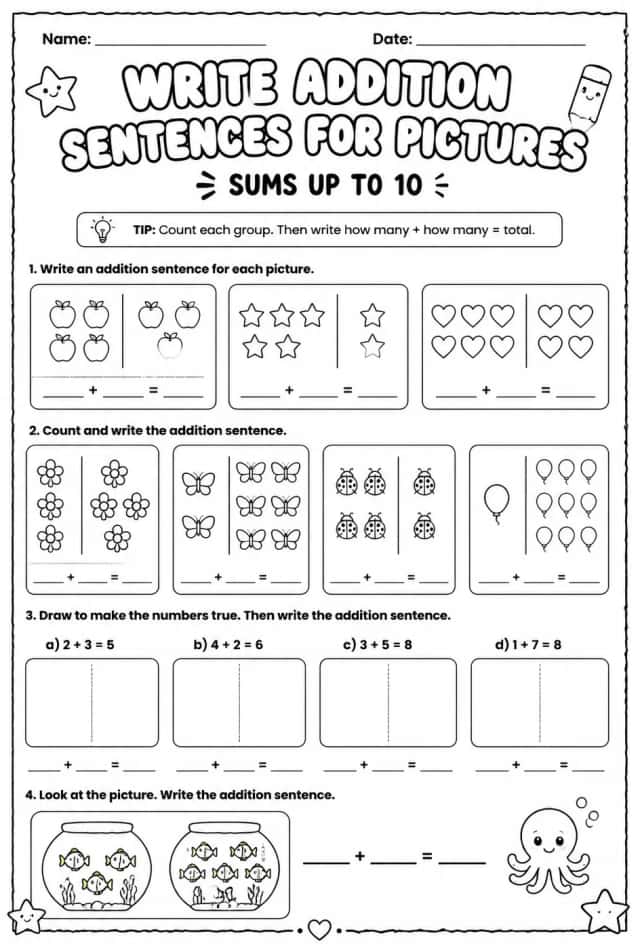 Write addition sentences for pictures - sums up to 10