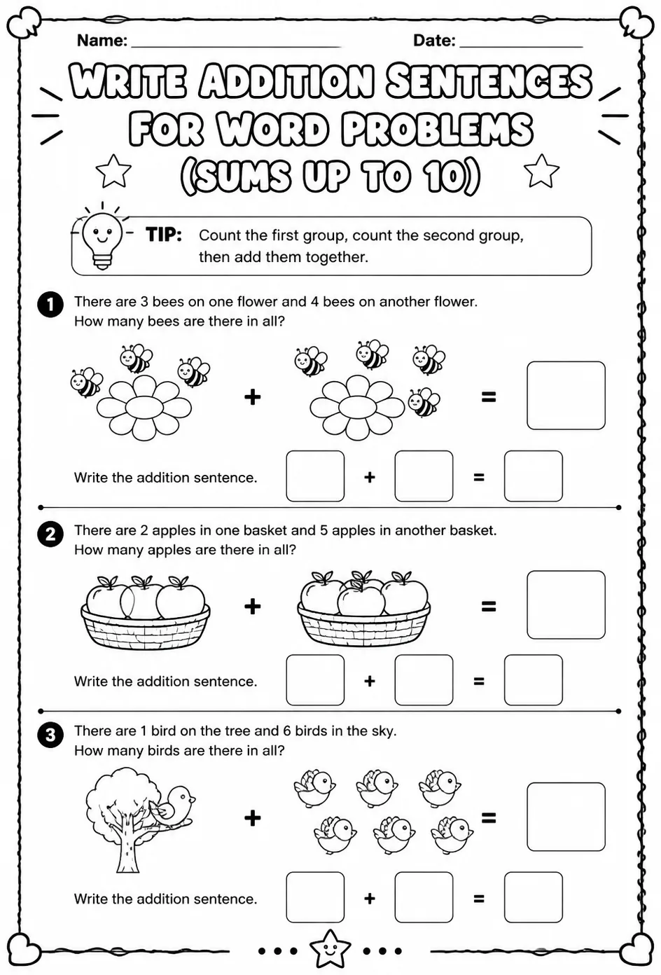 Write addition sentences for word problems with pictures - sums up to 10 — free printable Grade 1 math worksheet