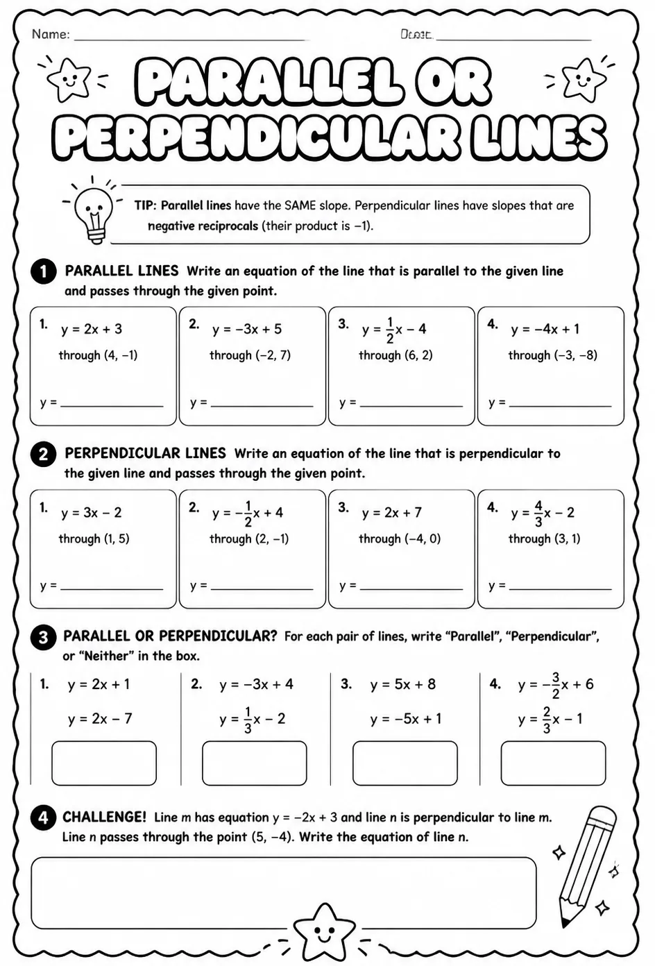 Write an equation for a parallel or perpendicular line — free printable Algebra 1 math worksheet