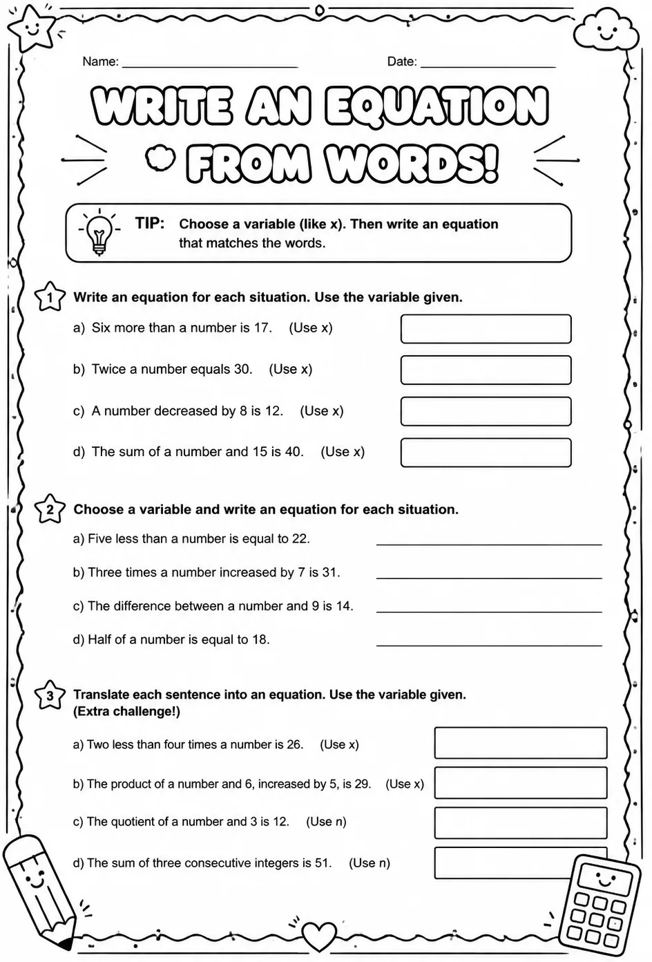 Write an equation from words
