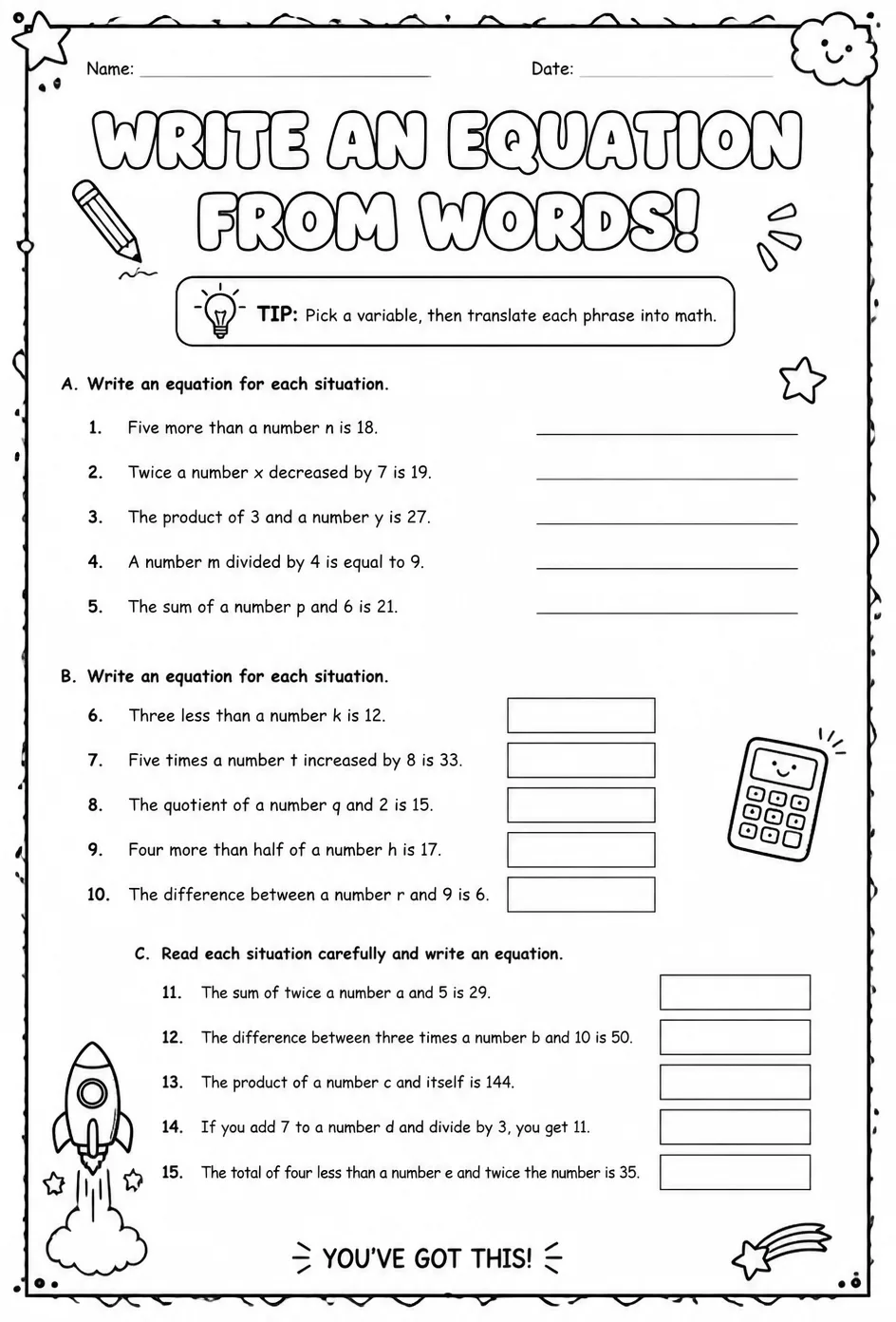 Write an equation from words — free printable Grade 7 math worksheet