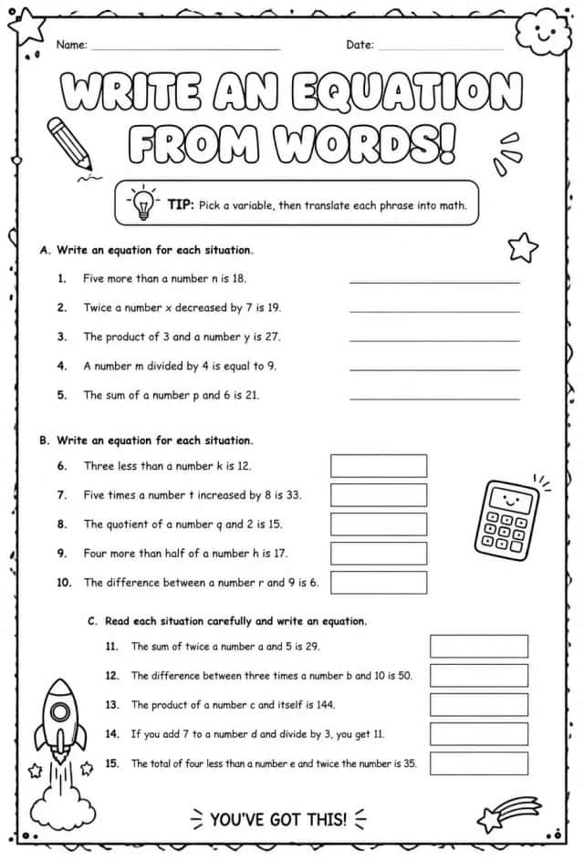 Write an equation from words