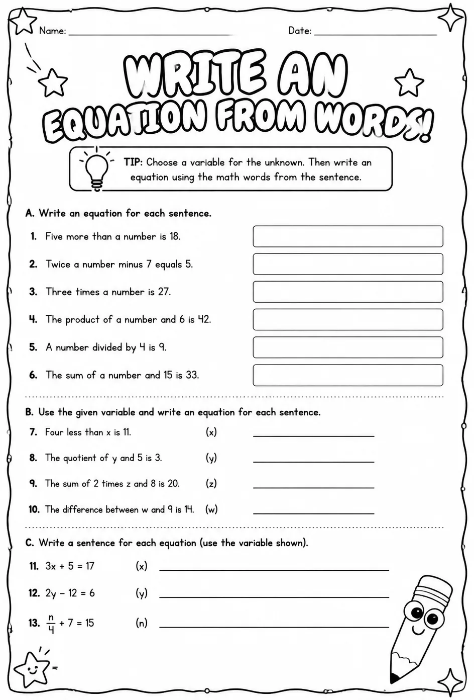 Write an equation from words — free printable Grade 8 math worksheet