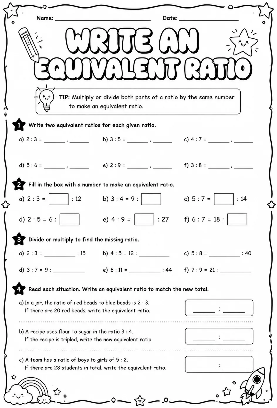 Write an equivalent ratio — free printable Grade 6 math worksheet