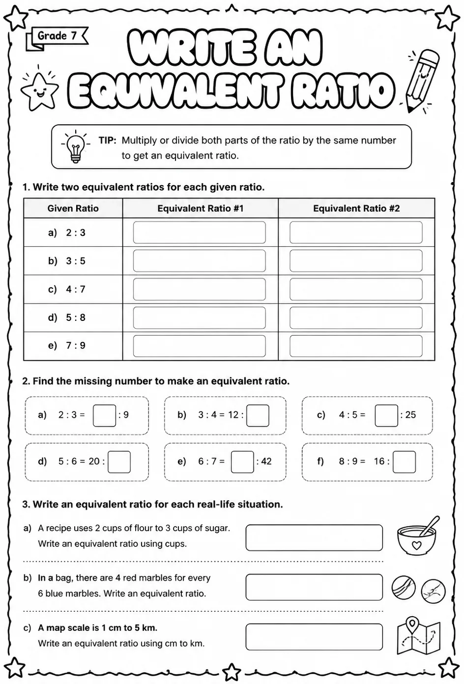 Write an equivalent ratio — free printable Grade 7 math worksheet