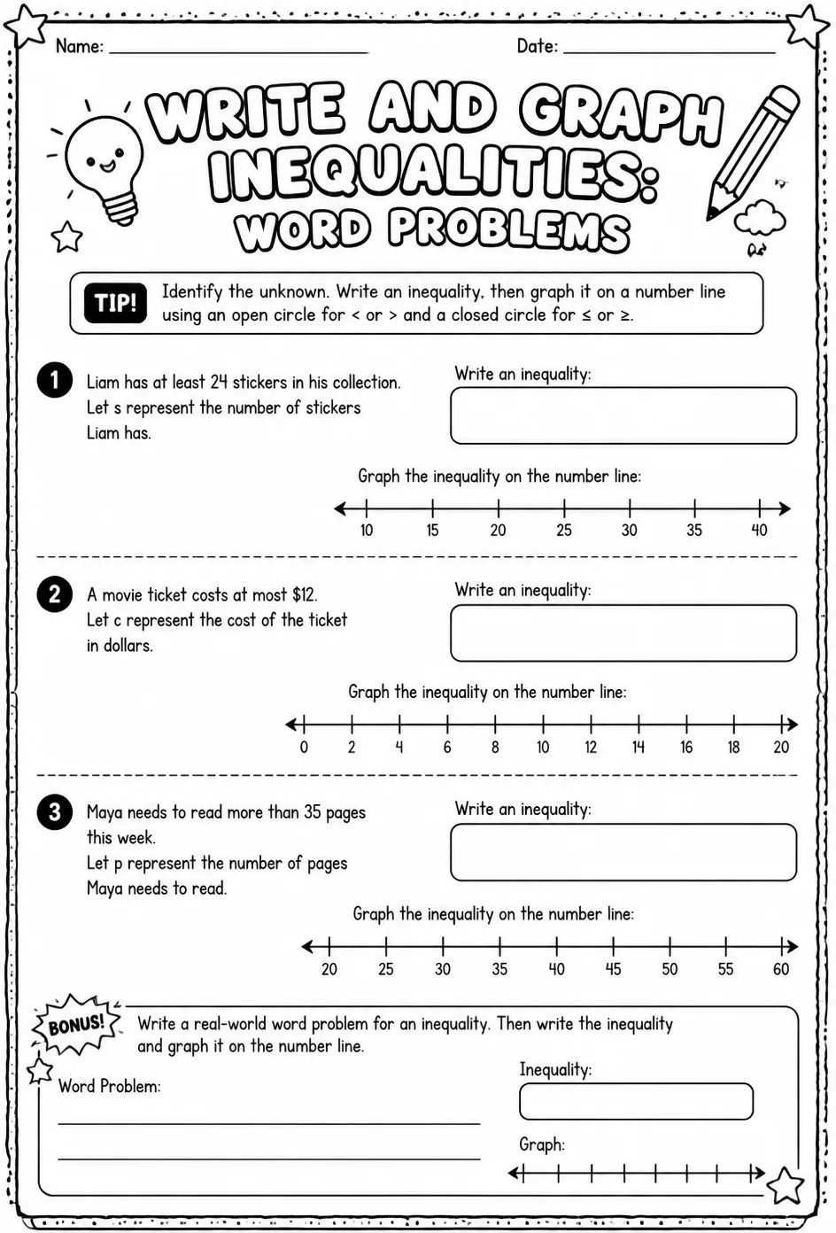 Write and graph inequalities: word problems — free printable Grade 6 math worksheet