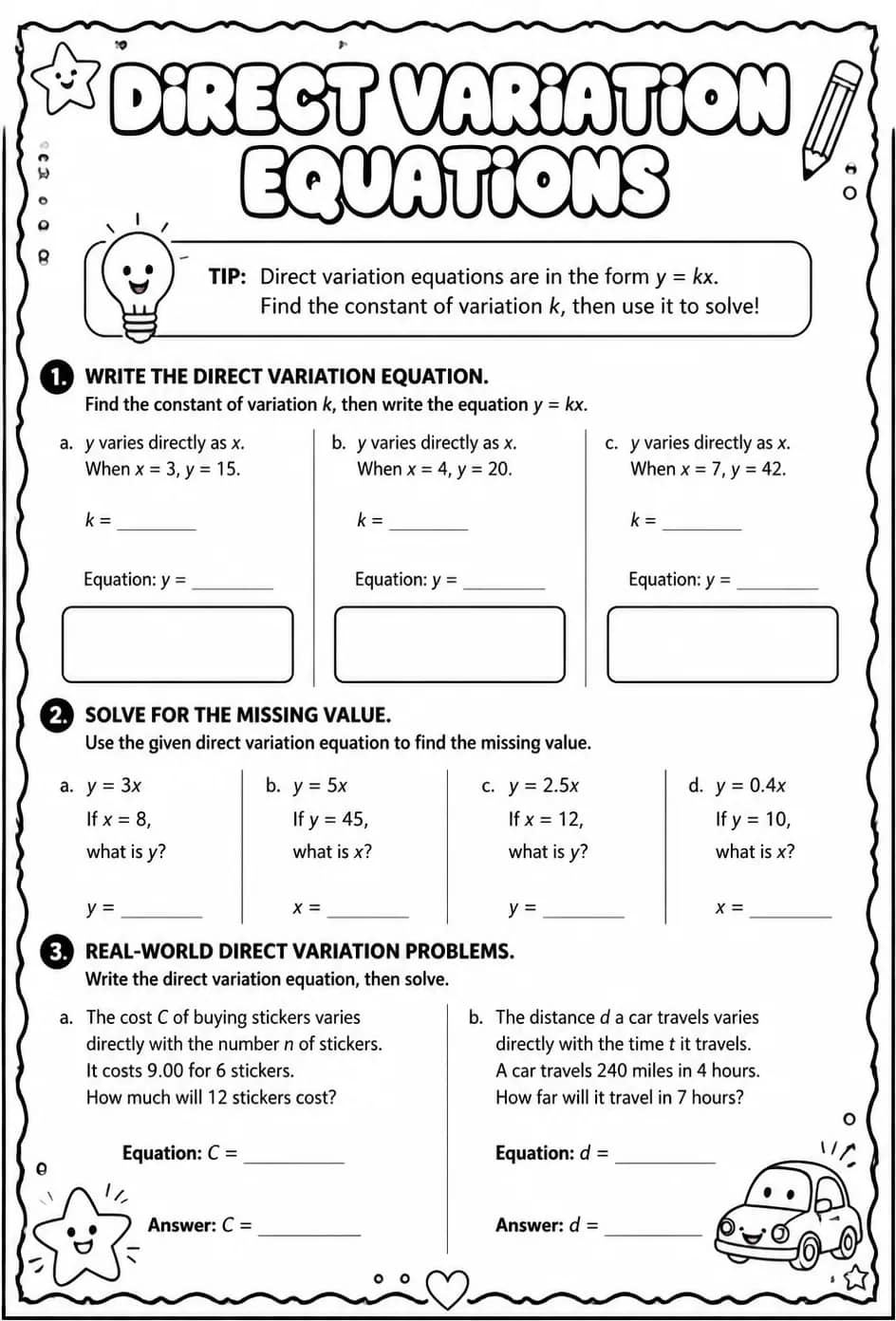 Write and solve direct variation equations — free printable Algebra 1 math worksheet