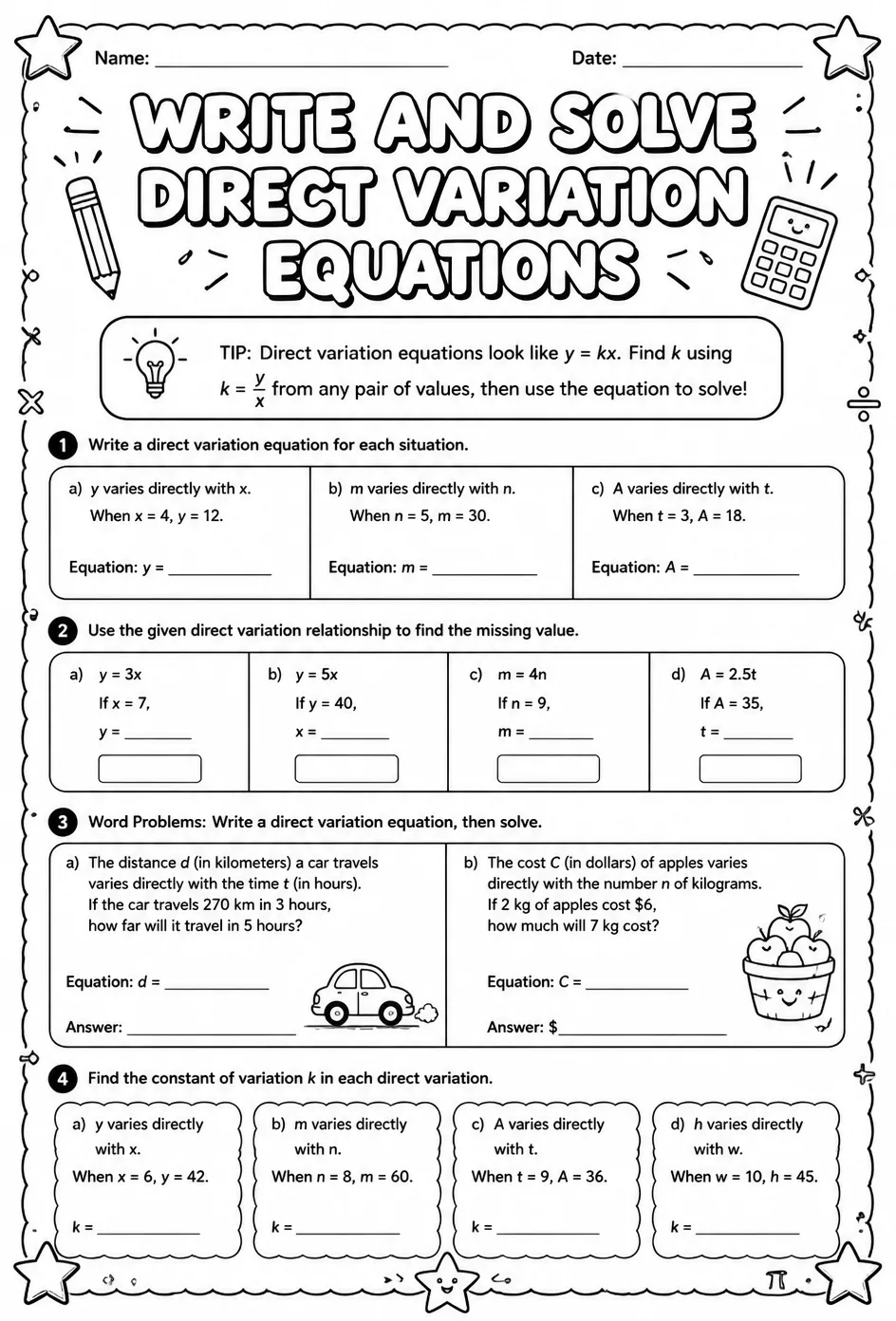 Write and solve direct variation equations — free printable Grade 8 math worksheet
