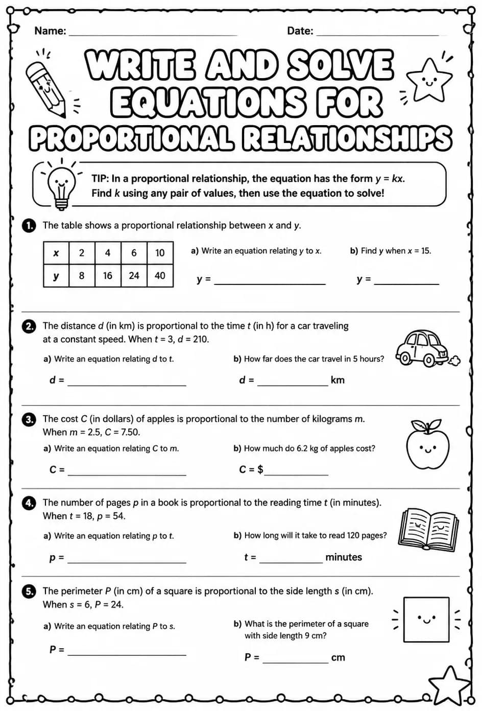 Write and solve equations for proportional relationships — free printable Grade 7 math worksheet