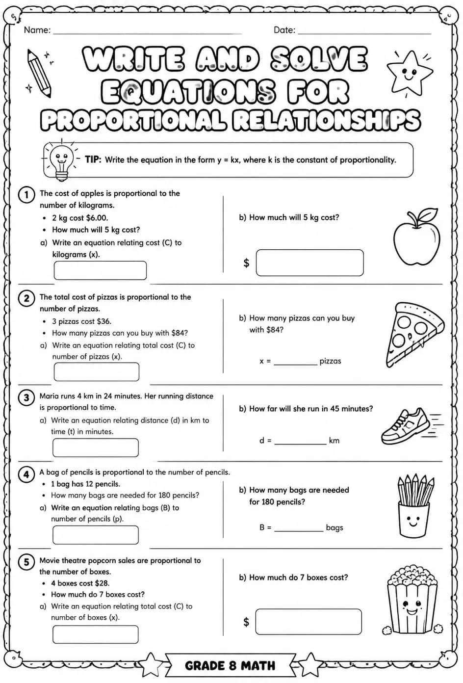 Write and solve equations for proportional relationships — free printable Grade 8 math worksheet