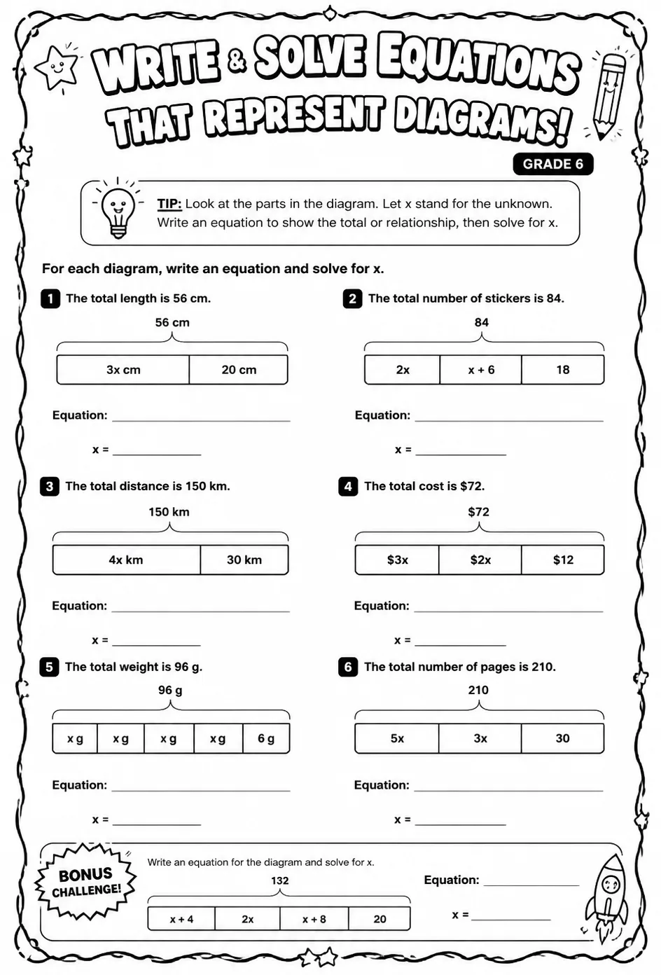 Write and solve equations that represent diagrams — free printable Grade 6 math worksheet