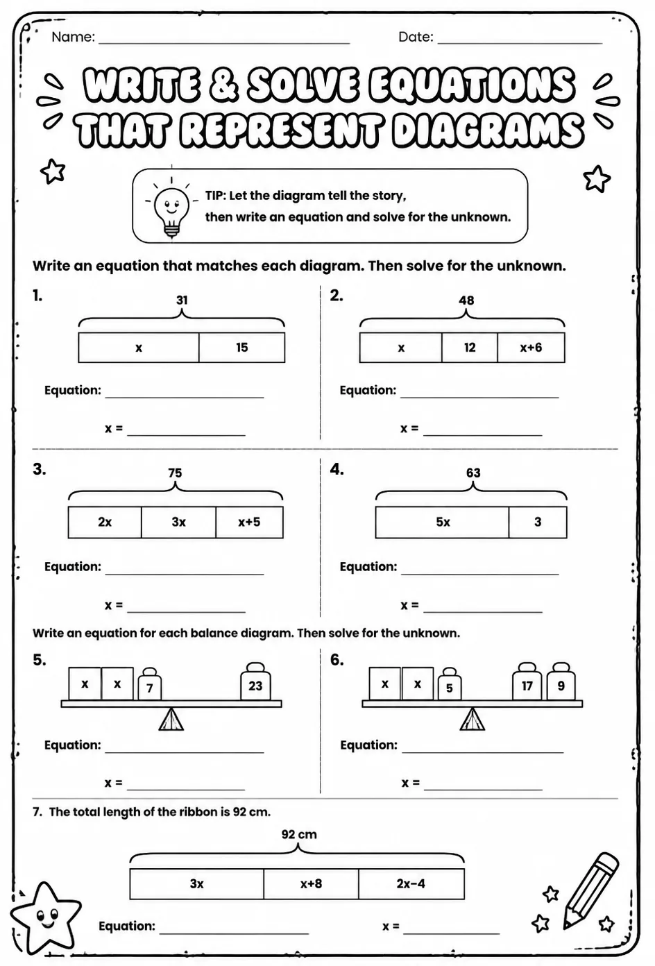 Write and solve equations that represent diagrams — free printable Grade 7 math worksheet