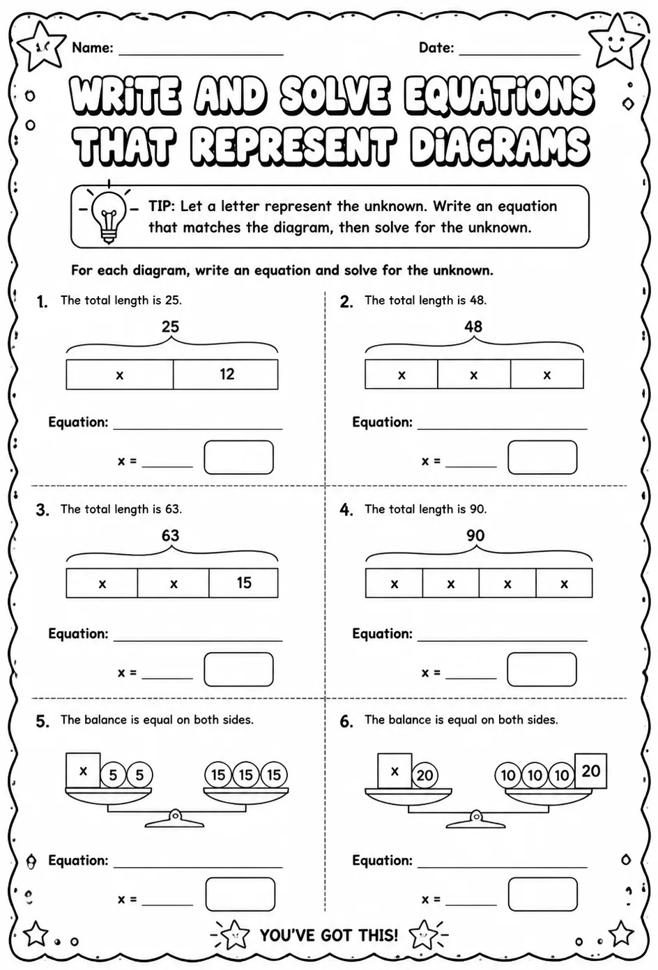 Write and solve equations that represent diagrams — free printable Grade 8 math worksheet