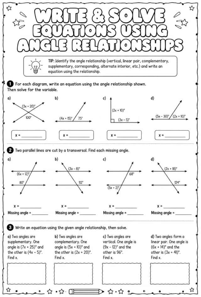 Write and solve equations using angle relationships