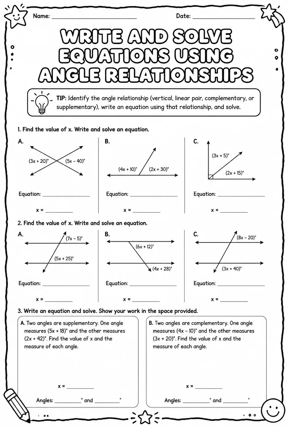 Write and solve equations using angle relationships — free printable Grade 8 math worksheet