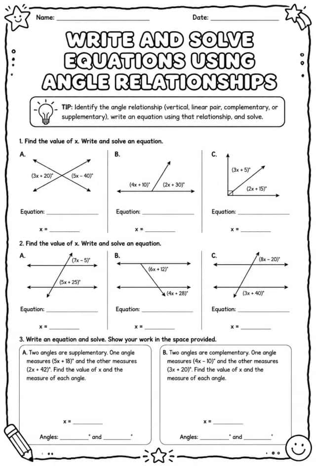 Write and solve equations using angle relationships