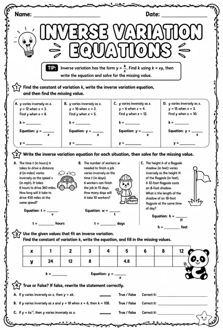 Write and solve inverse variation equations — free printable Algebra 1 math worksheet