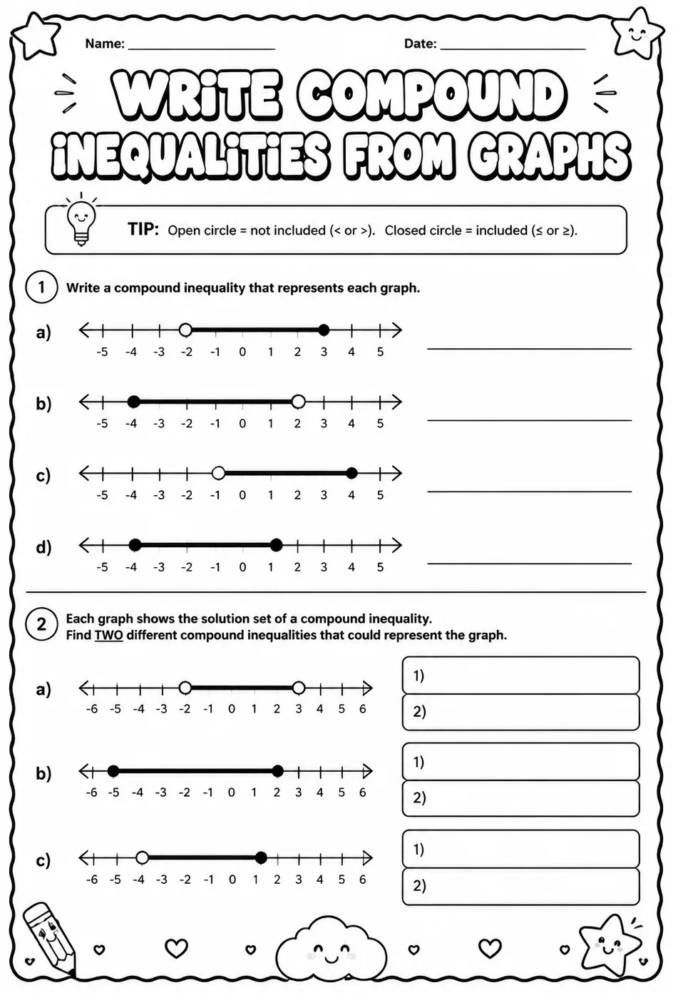 Write compound inequalities from graphs — free printable Algebra 1 math worksheet