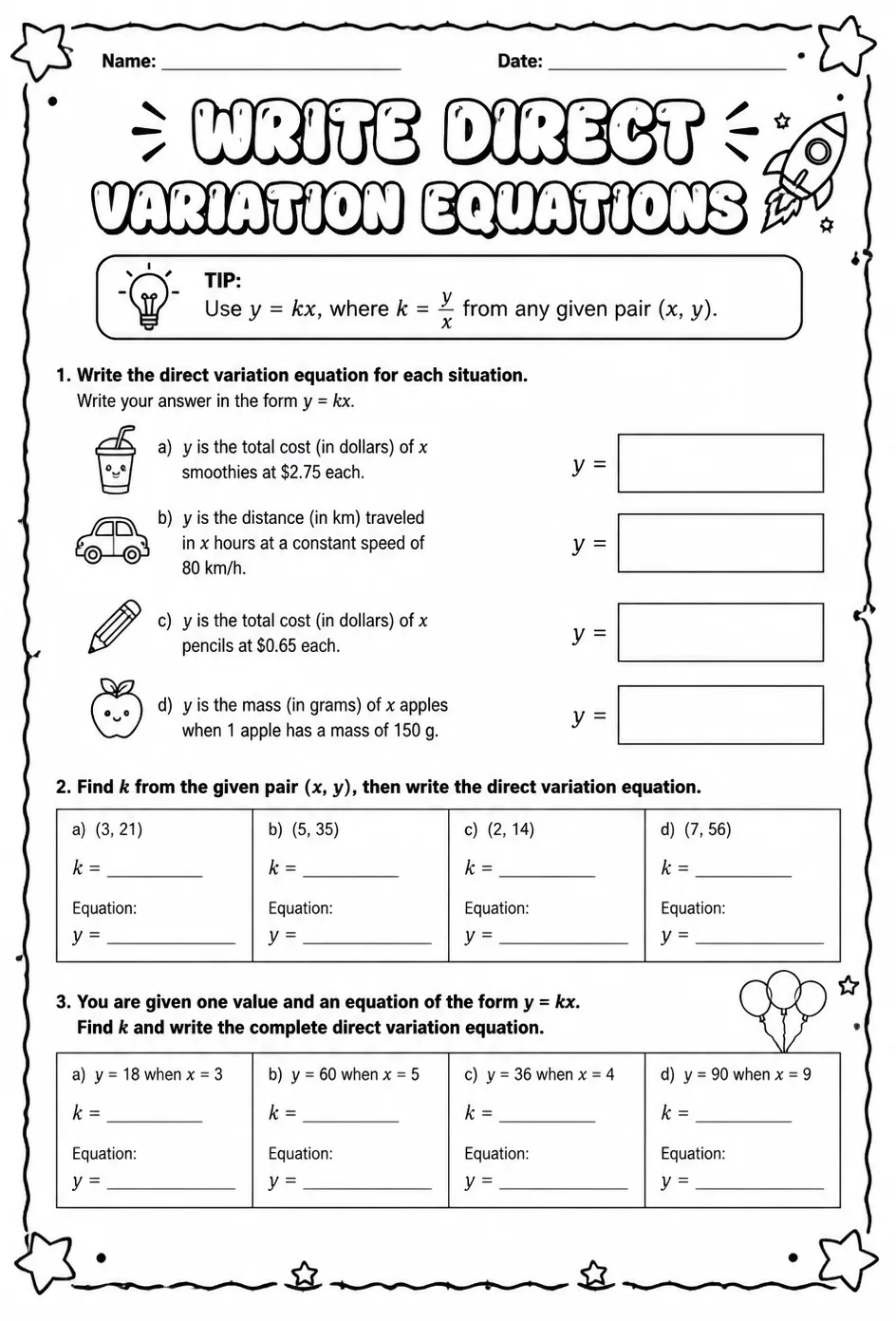 Write direct variation equations — free printable Grade 8 math worksheet