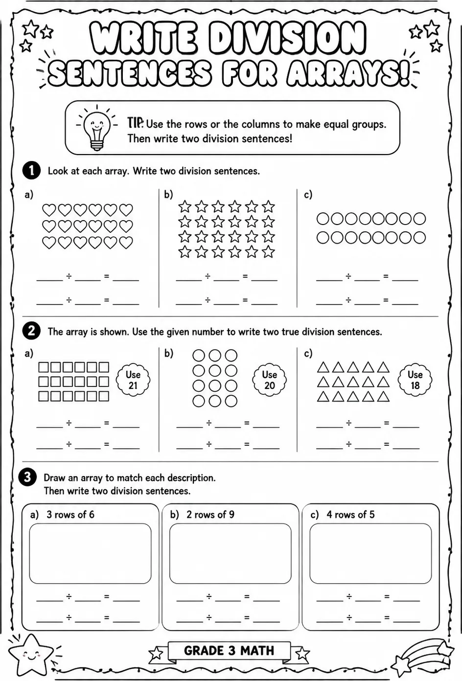 Write division sentences for arrays — free printable Grade 3 math worksheet