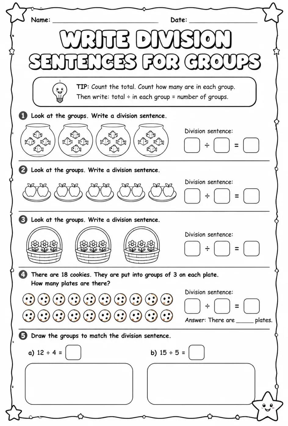 Write division sentences for groups — free printable Grade 3 math worksheet