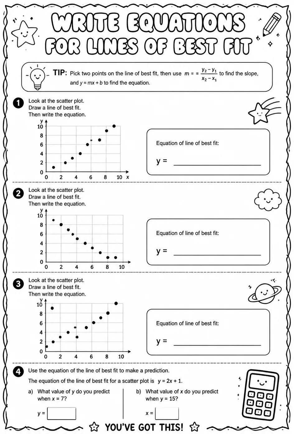 Write equations for lines of best fit — free printable Algebra 1 math worksheet
