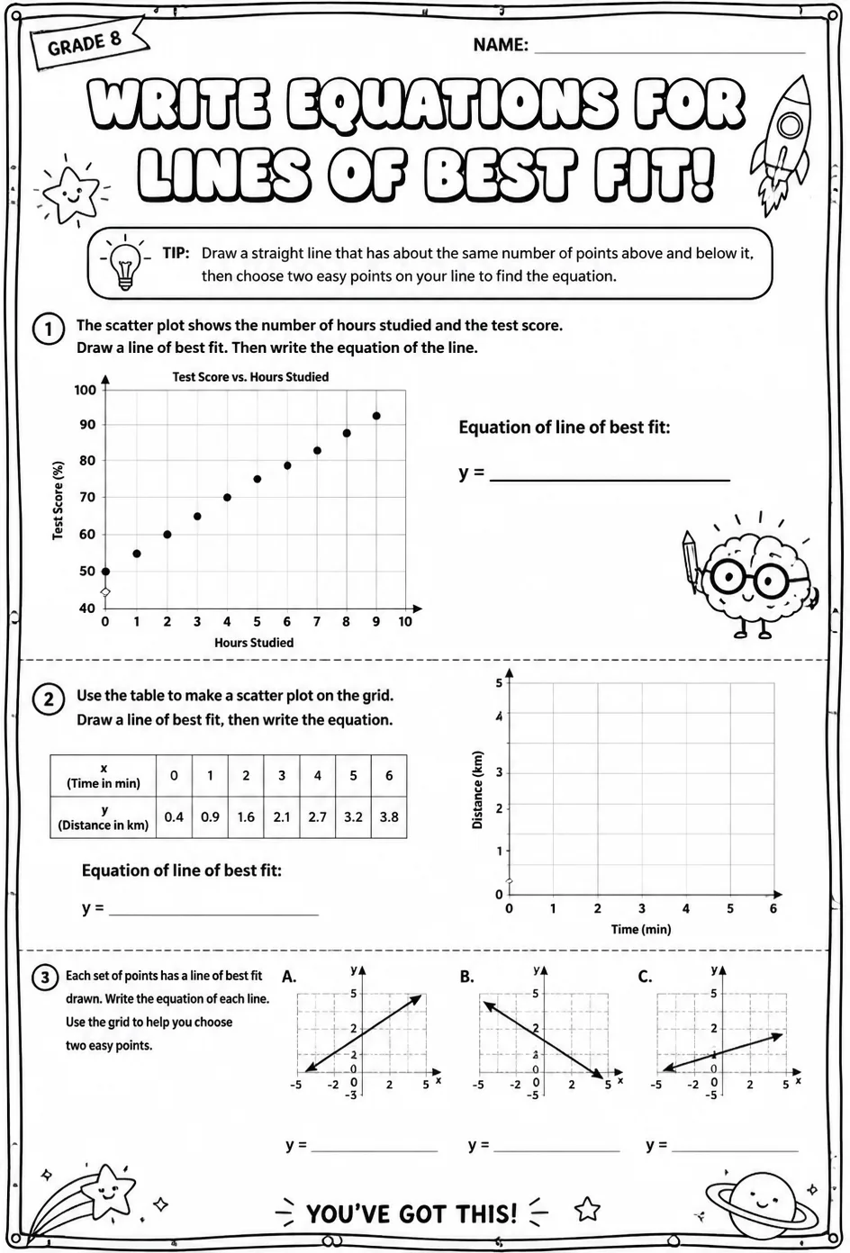 Write equations for lines of best fit — free printable Grade 8 math worksheet