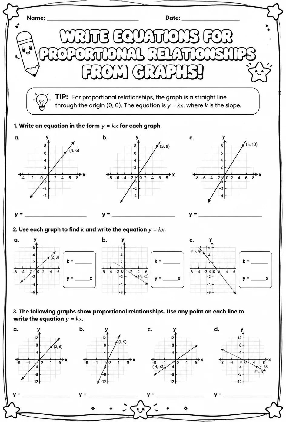 Write equations for proportional relationships from graphs — free printable Grade 7 math worksheet