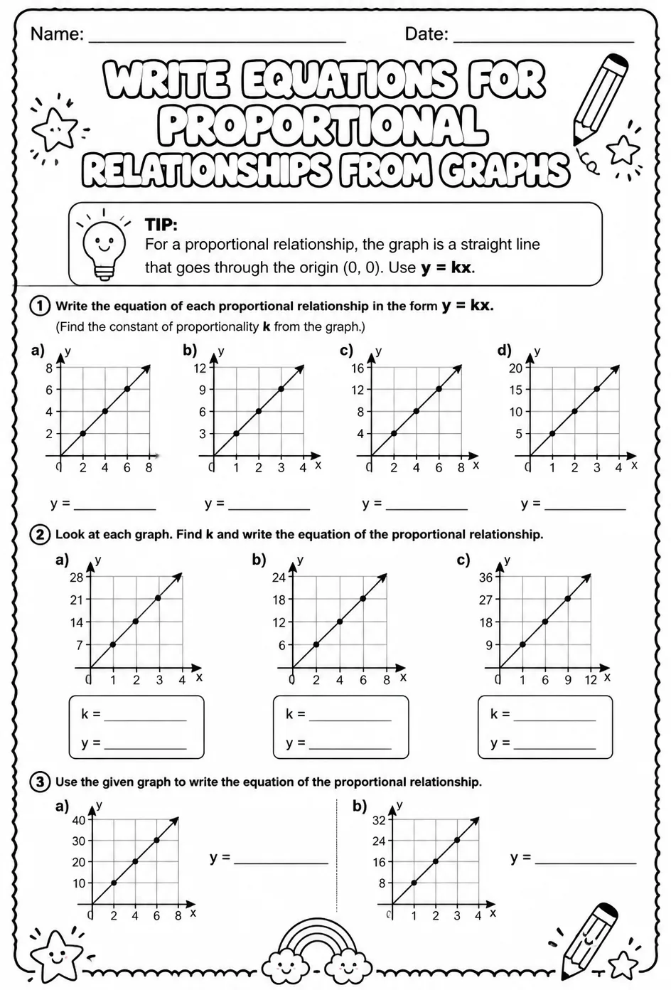 Write equations for proportional relationships from graphs — free printable Grade 8 math worksheet