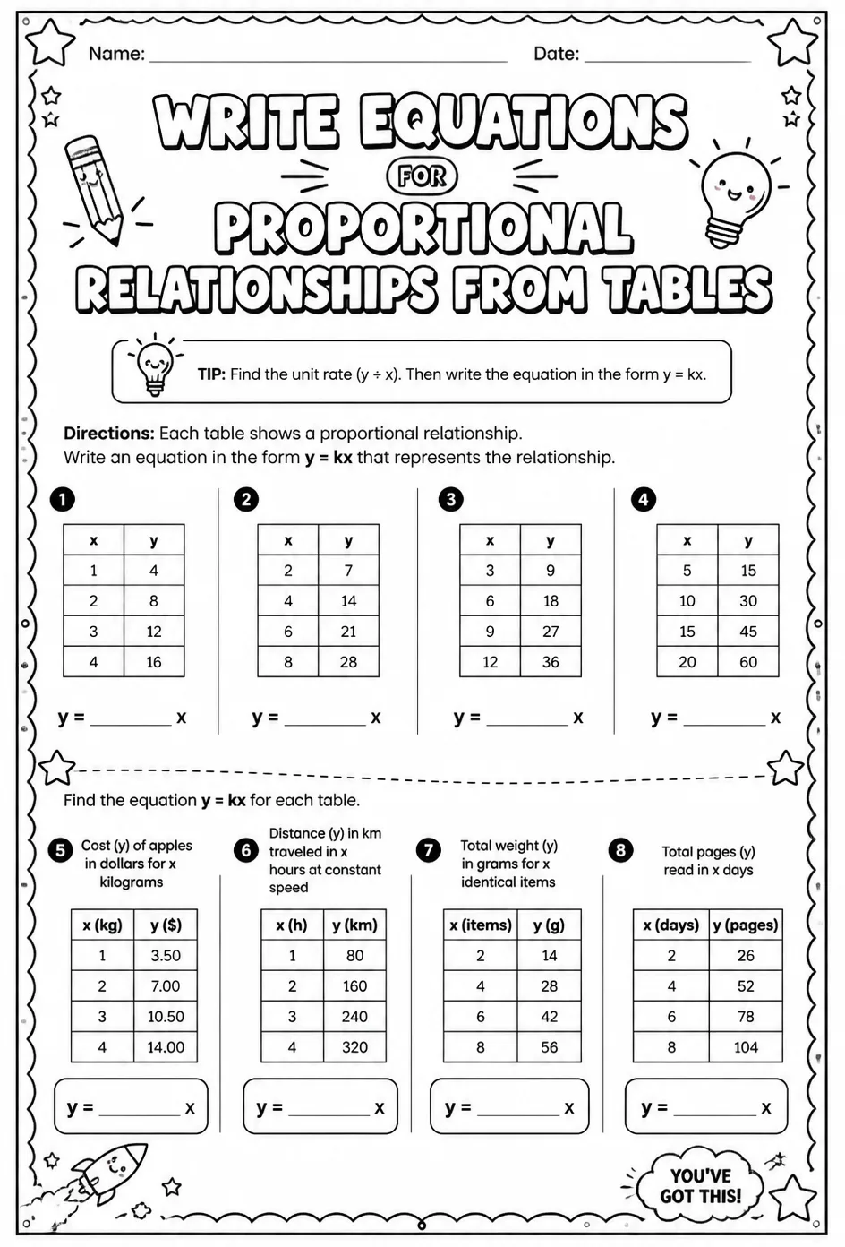Write equations for proportional relationships from tables — free printable Grade 7 math worksheet