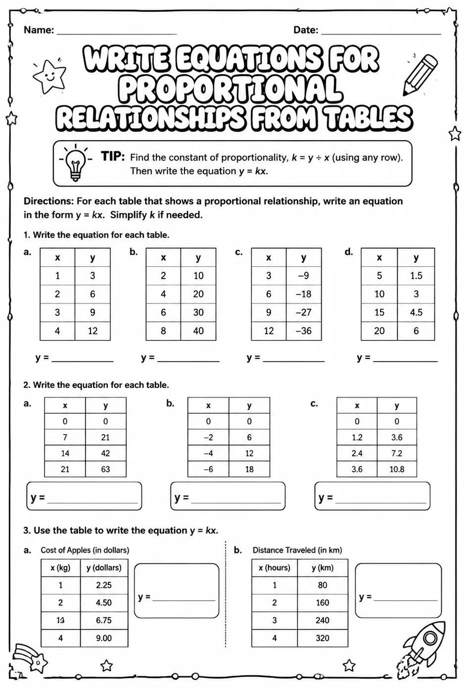 Write equations for proportional relationships from tables — free printable Grade 8 math worksheet