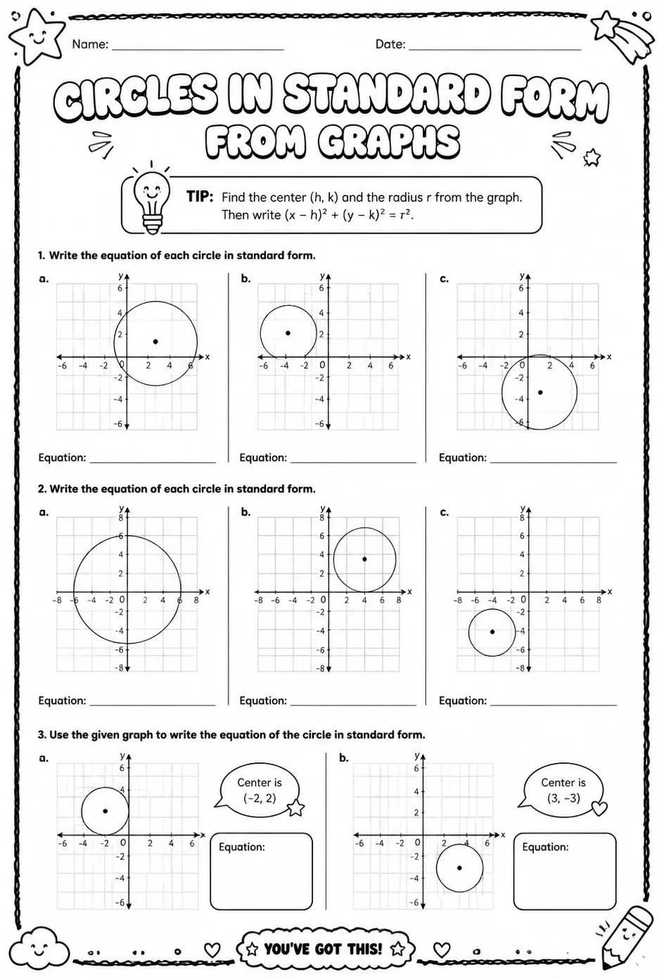 Write equations of circles in standard form from graphs — free printable Algebra 2 math worksheet
