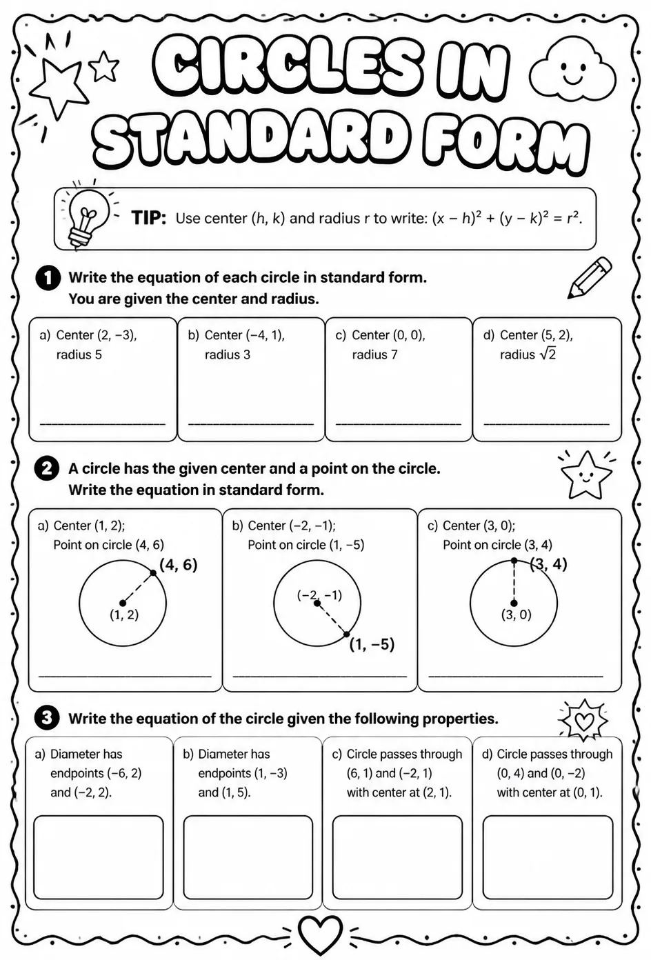 Write equations of circles in standard form using properties — free printable Algebra 2 math worksheet