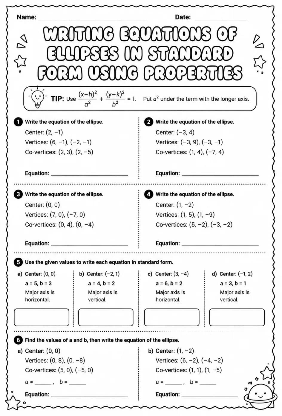Write equations of ellipses in standard form using properties — free printable Algebra 2 math worksheet