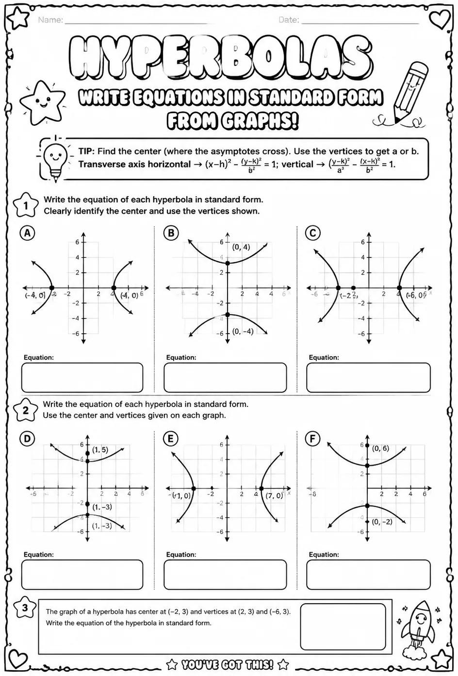 Write equations of hyperbolas in standard form from graphs — free printable Algebra 2 math worksheet