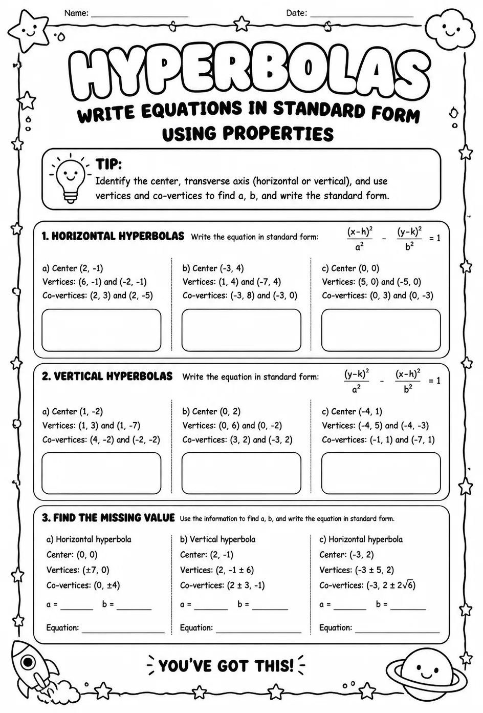 Write equations of hyperbolas in standard form using properties — free printable Algebra 2 math worksheet