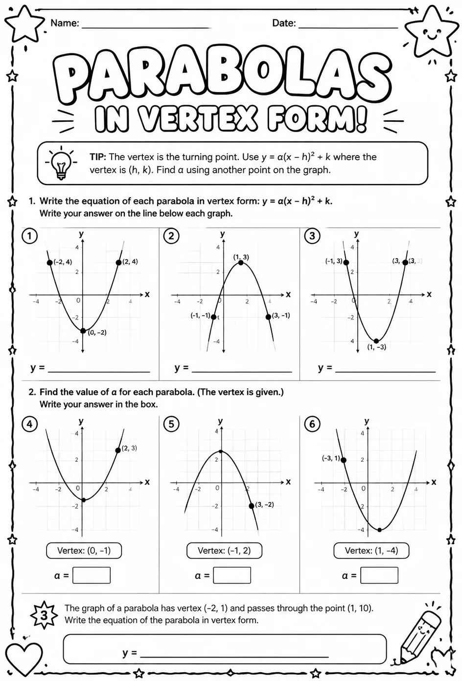Write equations of parabolas in vertex form from graphs — free printable Algebra 2 math worksheet