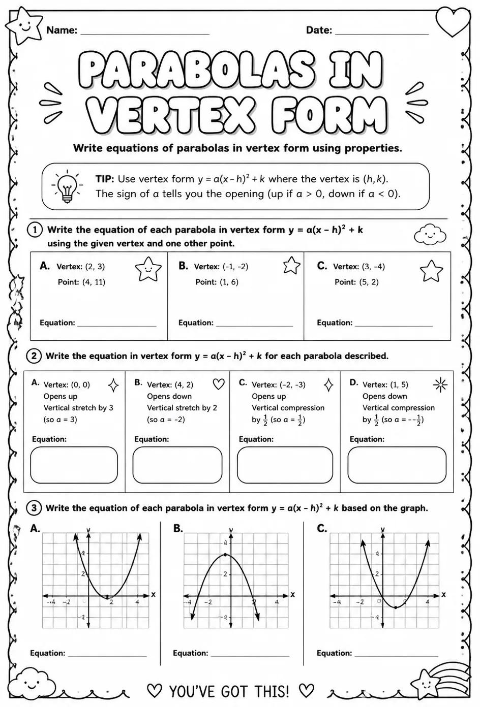 Write equations of parabolas in vertex form using properties — free printable Algebra 2 math worksheet