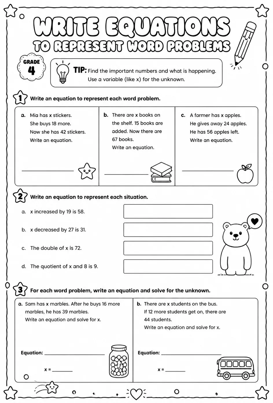 Write equations to represent word problems — free printable Grade 4 math worksheet