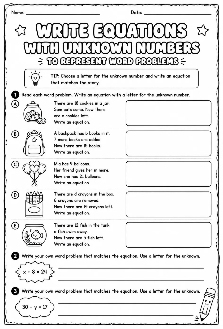 Write equations with unknown numbers to represent word problems — free printable Grade 3 math worksheet